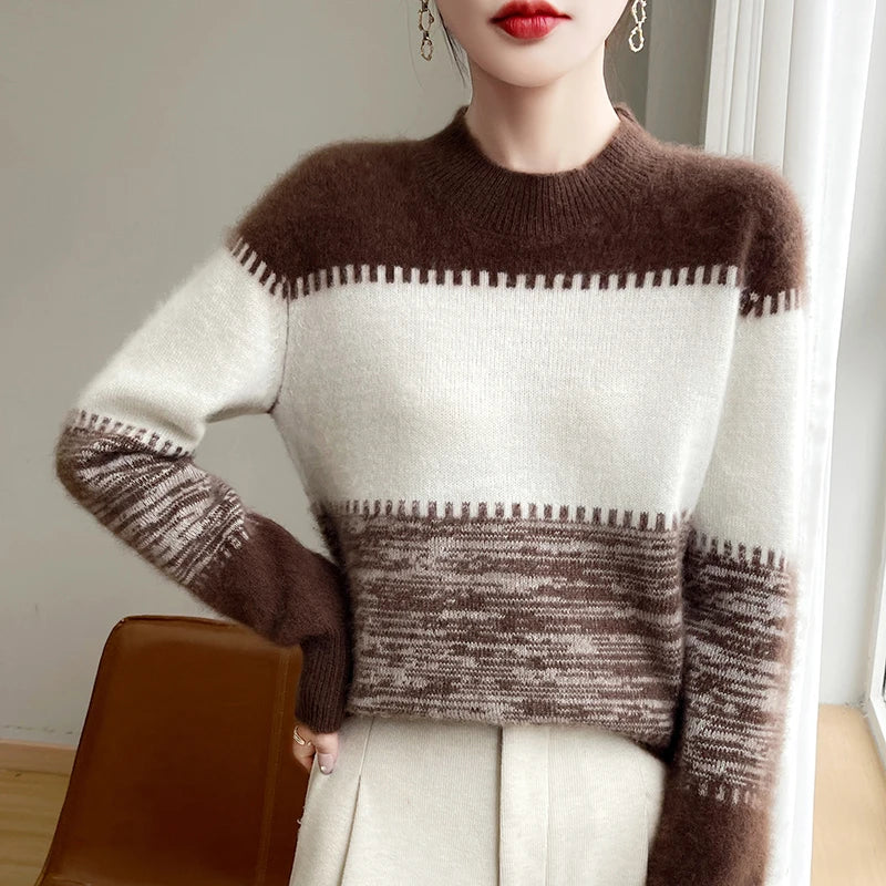 Half Turtleneck Women's Sweater Fashion Colorblock Wool Sweater Warm All-Matching Pullover