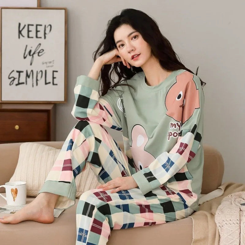 Women's Suit Pajamas Long-Sleeved Long Pants Homewear Two-Piece Set Ladies Cartoon Pattern Sleepwear Loungewear