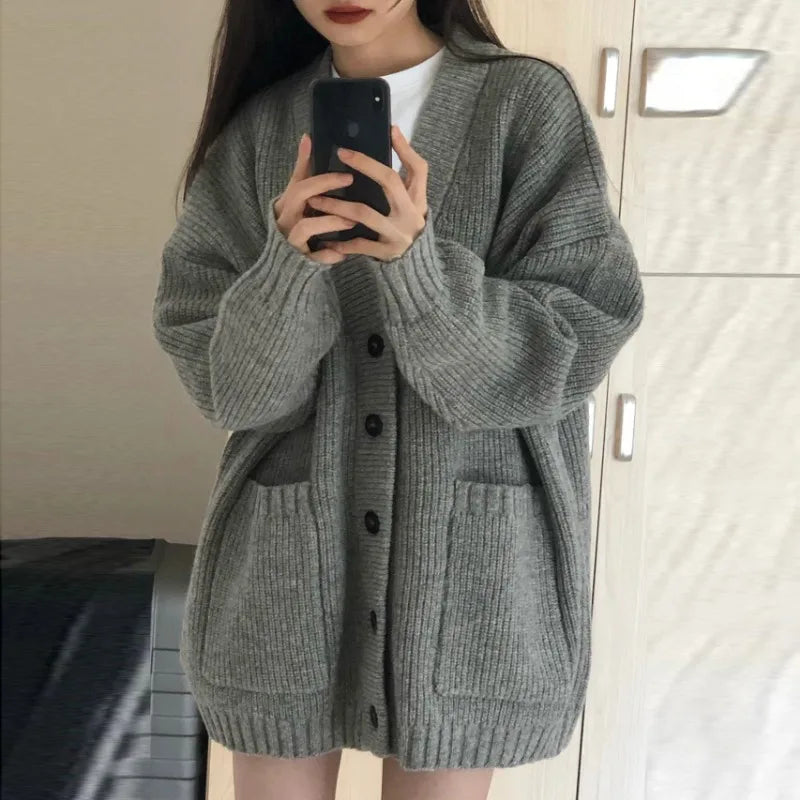 Women Cardigan Sweater Coats Fashion Female Long Sleeve V-neck Loose Knitted Jackets Casual Sweater Cardigans