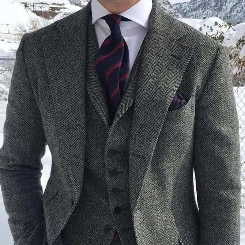 Tweed Winter Men Tuxedo Fashion 3 Piece (Jacket +Vest +Pants+Tie)