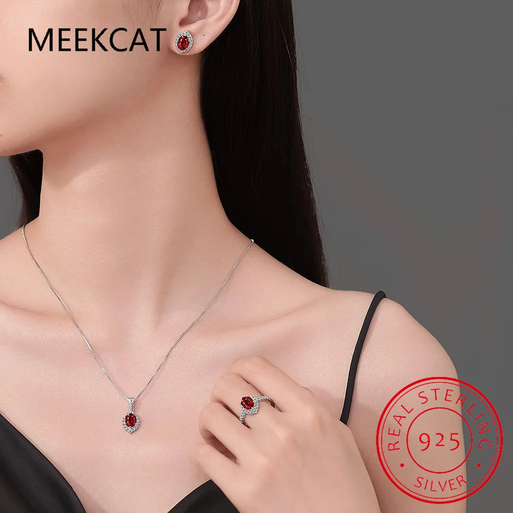 Oval Cut Natural Red Garnet 925 Sterling Silver Jewellery Set Necklace+Earring+Ring for Women Ruby Gemstone Jewellery