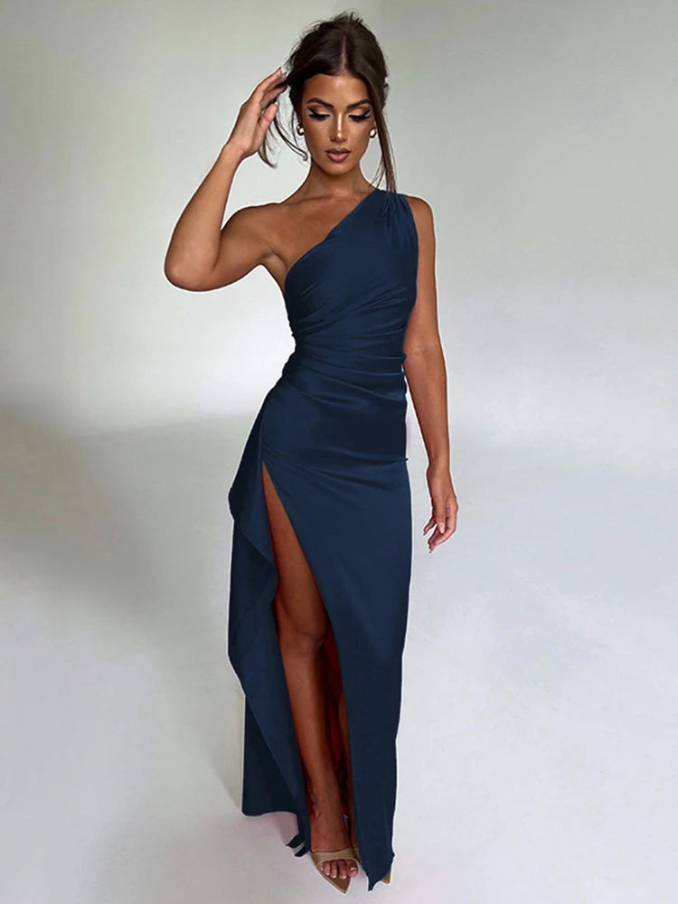 One Shoulder Satin Long Dress for Women Sleeveless Backless High Split Party Evening Dresses Elegant Cocktail Dress