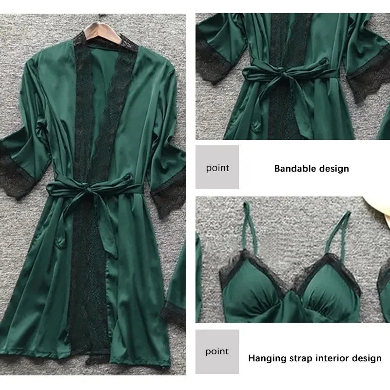 Four Piece Set of Women's Green Lace Trimmed Pajama Set Women's Home Long Robe Paired with Suspender Straps Pajama Set