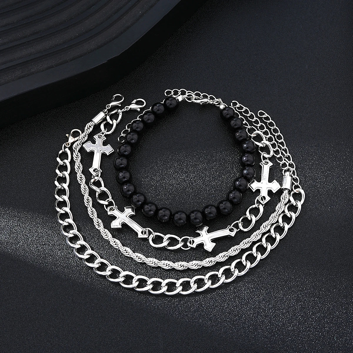 4 Pcs Stainless Steel Bracelet Set For Men Women Punk Fashion Cross Beads Chain Bracelets Simple Hip Hop Unisex Jewellery Gift