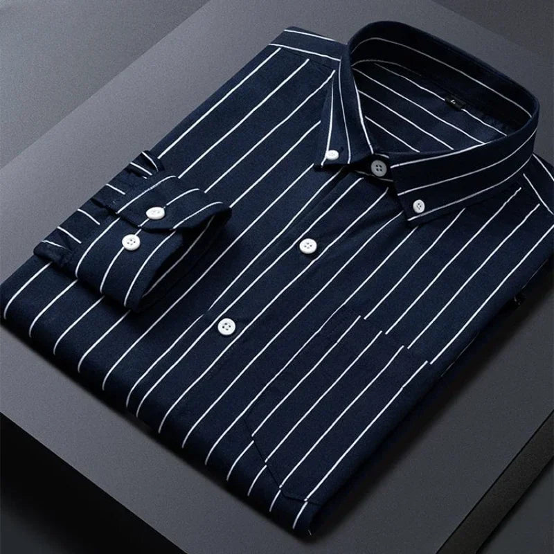 Men's Striped Shirts Formale Casual Printed Plaid Shirt Long Sleeve Slim Fit Botton Down Male Office Business Dress Shirt