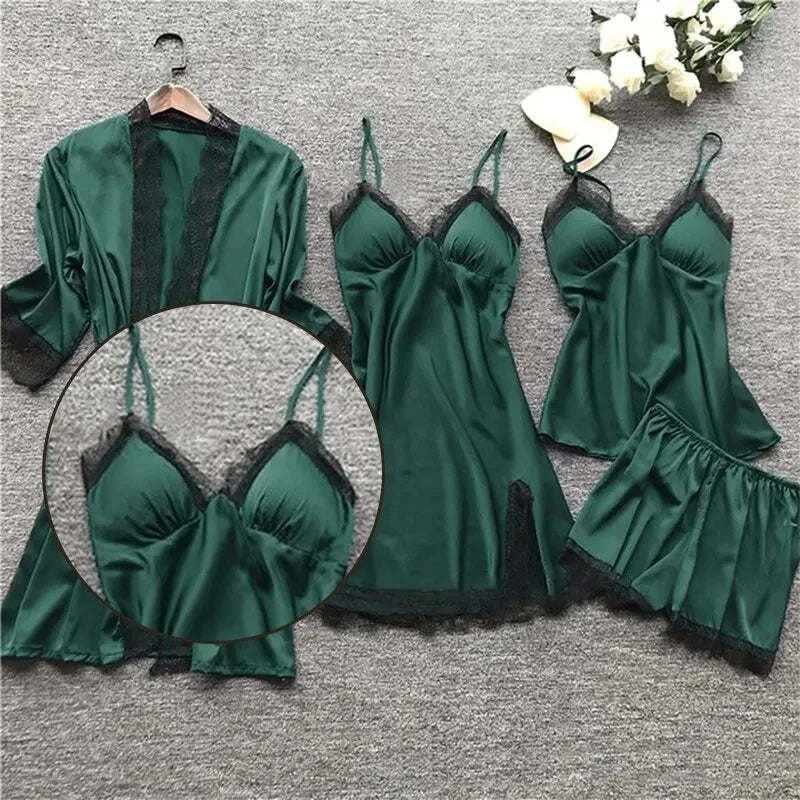 Four Piece Set of Women's Green Lace Trimmed Pajama Set Women's Home Long Robe Paired with Suspender Straps Pajama Set