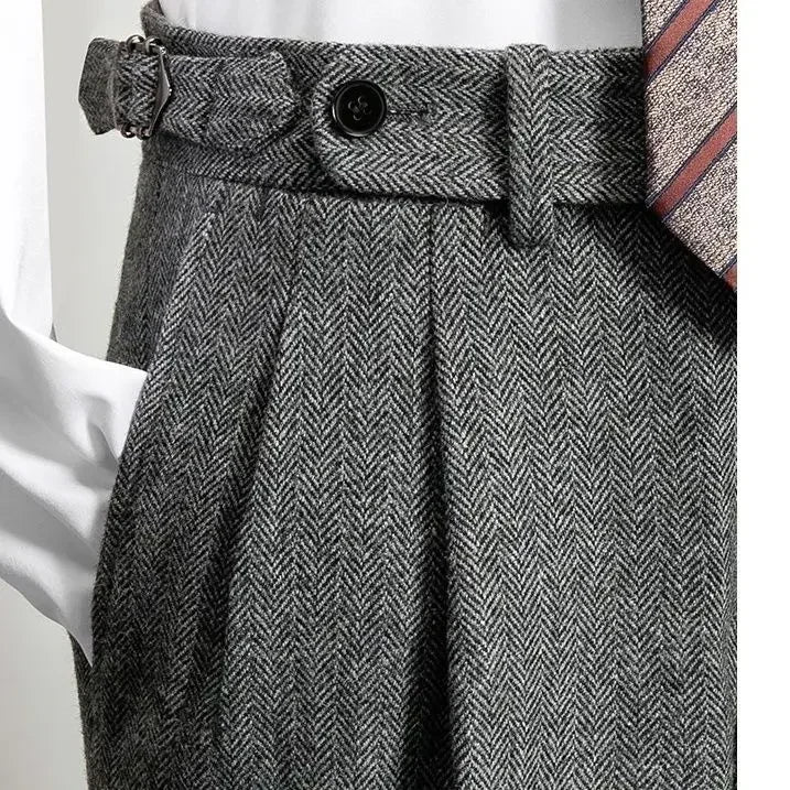 Men's Fashion High Waist Wool Trousers Tweed Casual Pockets Pants