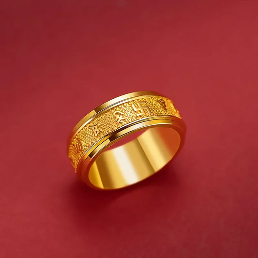 Real gold 24K yellow gold Six-character mantra rotating ring