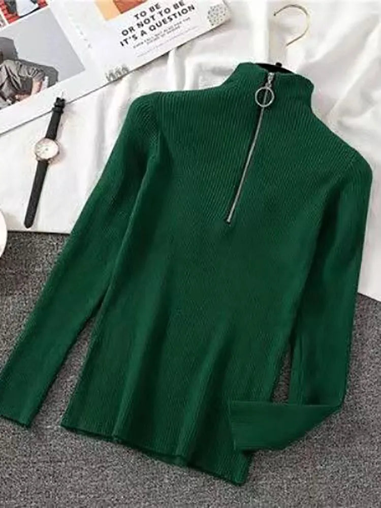 Women Fashion Solid Knitted Sweaters Vintage Long Sleeve Zip-up Basic Half Turtleneck Sweater Female Pullovers Chic Casual Tops