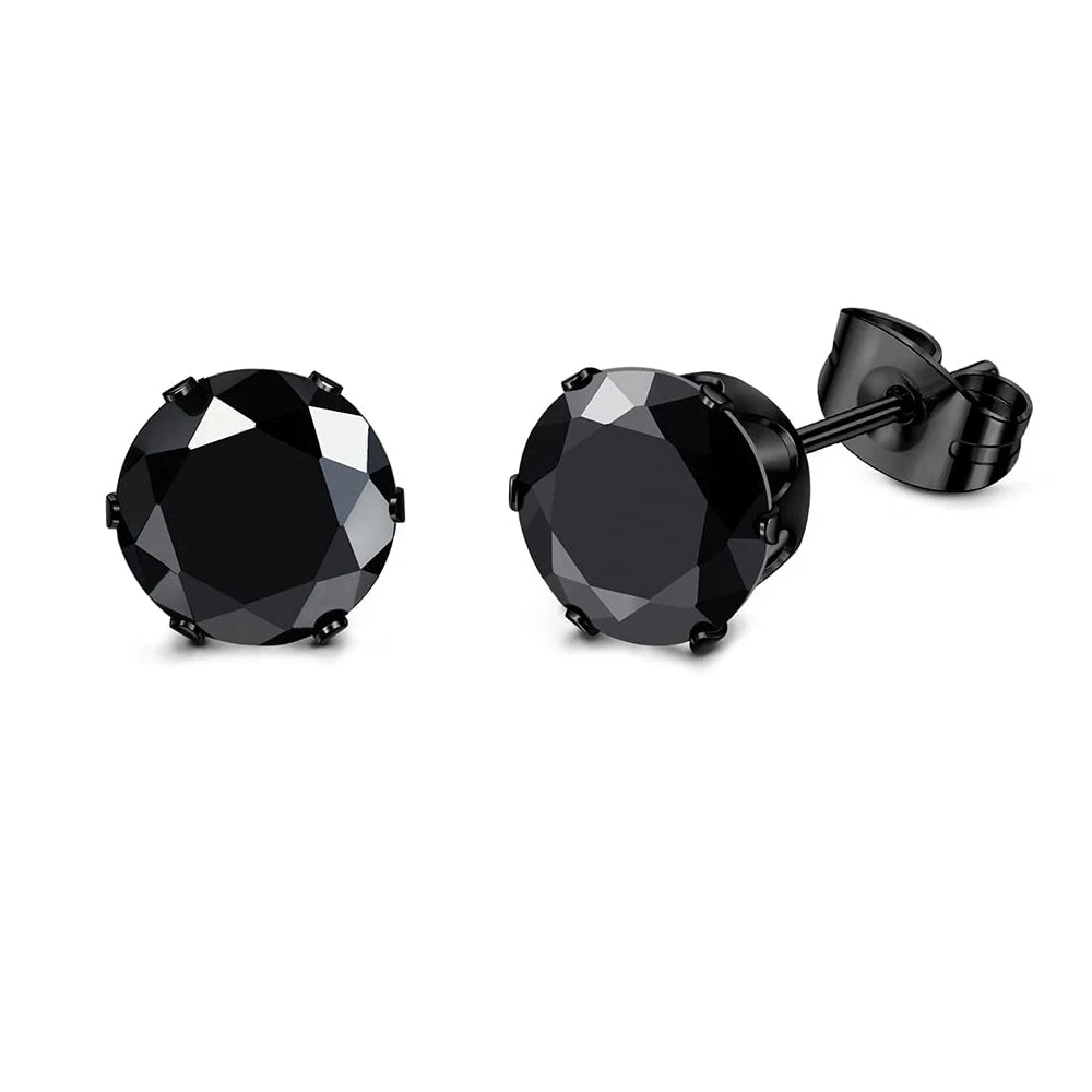 1 Pair Black Earrings for Men and Women Stainless Steel Black Stud Earrings Round CZ Stud Earrings Set 8MM