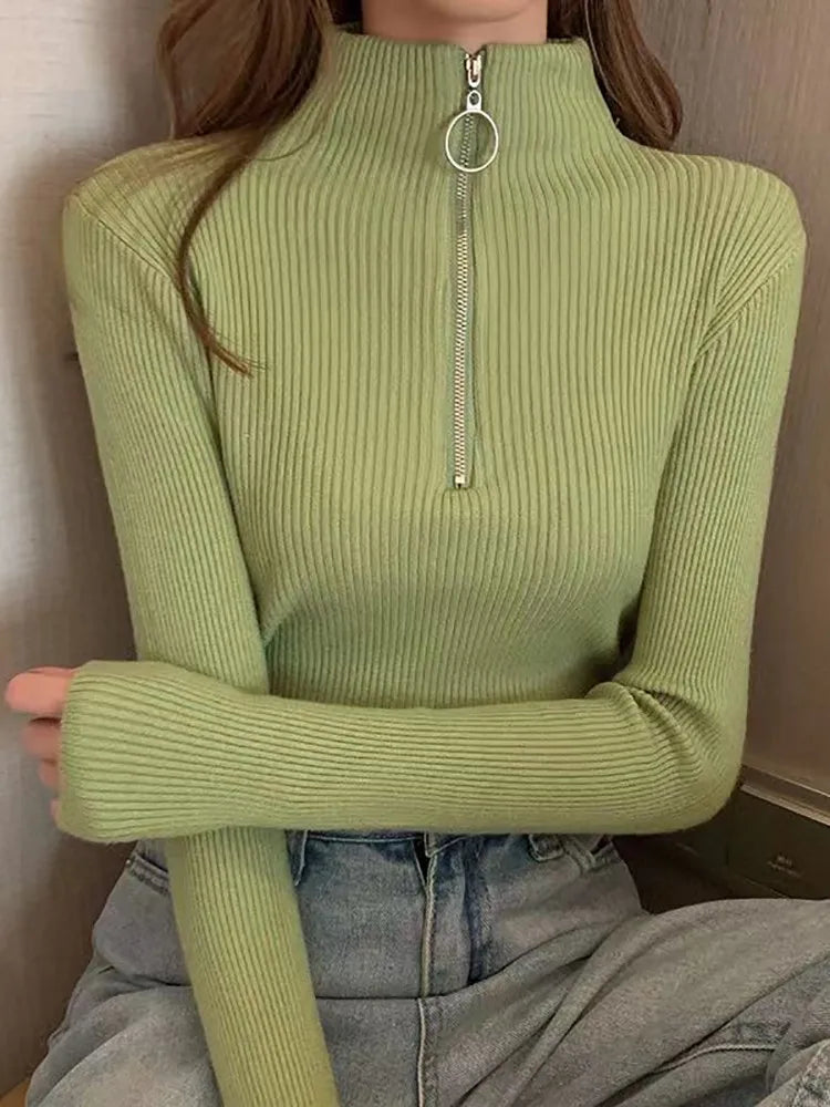 Women Fashion Solid Knitted Sweaters Vintage Long Sleeve Zip-up Basic Half Turtleneck Sweater Female Pullovers Chic Casual Tops