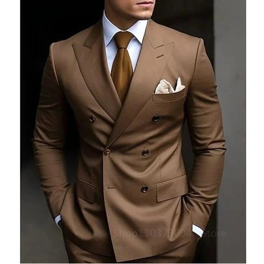 2 Pieces Men Suits Set Fashion New Men's Formal Business/Wedding Groom Suits Peak Lapel Double Breasted Blazer Trousers