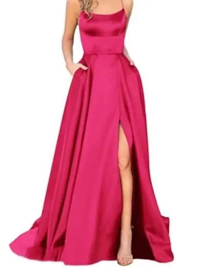 Women's Banquet Slit Long Dress With Small Tail Suspender Solid Color Banquet Evening Dress Long Dress