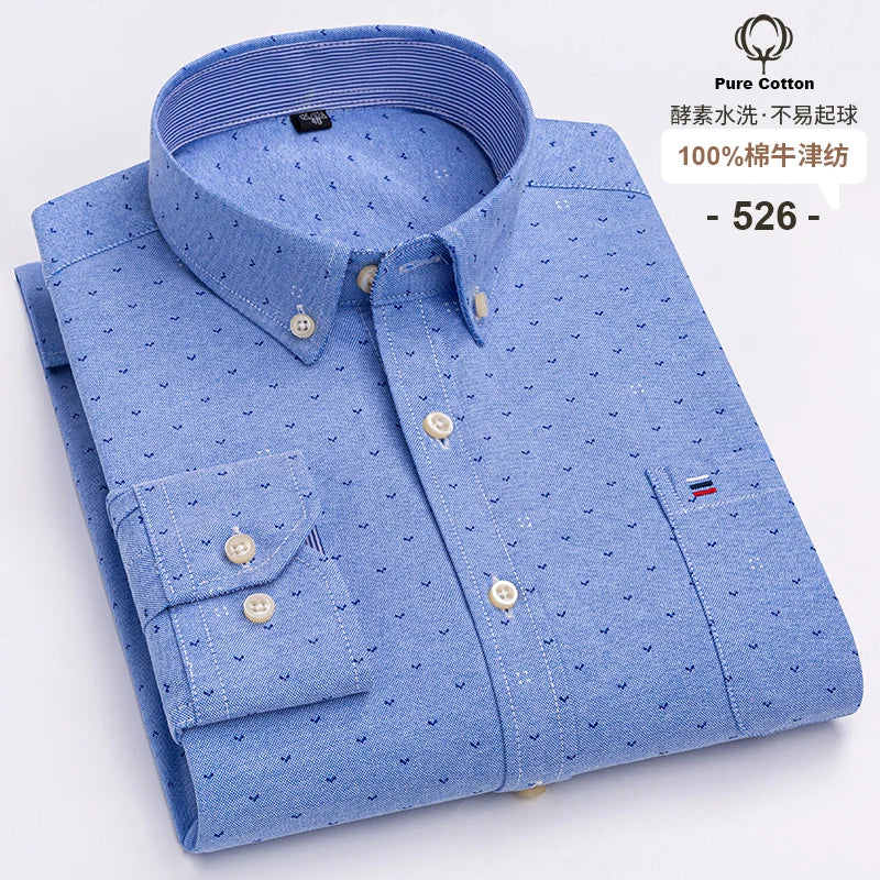 100% Cotton Oxford Men's Shirts Long Sleeves Plaid Soft Regular Fit Formal Dress