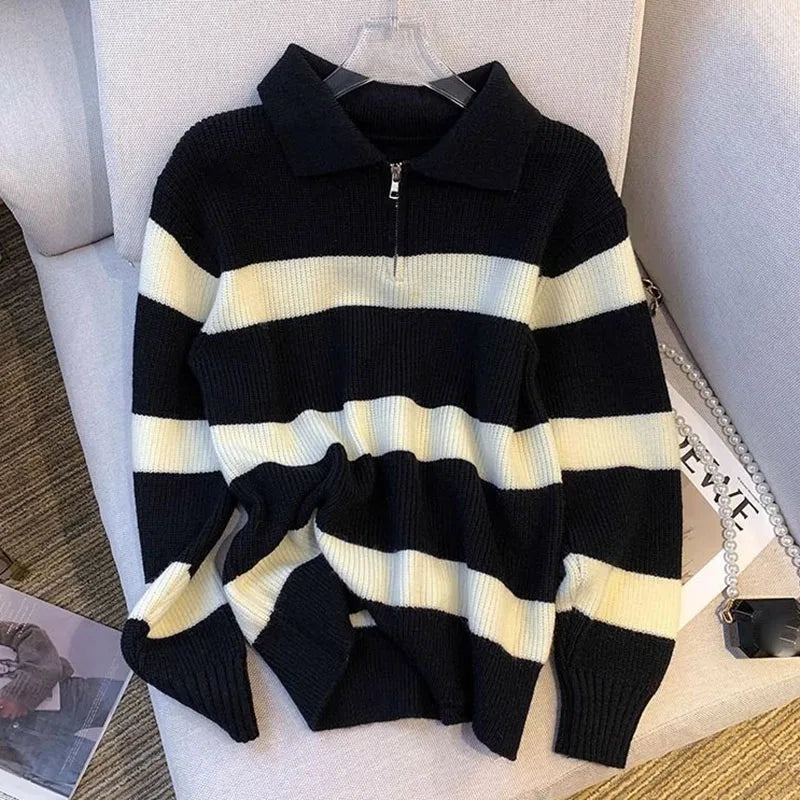 Women's Turndown Collar Striped Sweater Vintage Loose Long Sleeve Knitwear Female Autumn Winter Warm Knitted Jumper Top