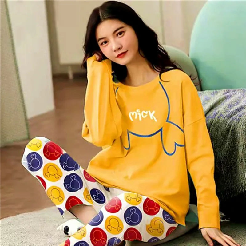 Women's Suit Pajamas Long-Sleeved Long Pants Homewear Two-Piece Set Ladies Cartoon Pattern Sleepwear Loungewear