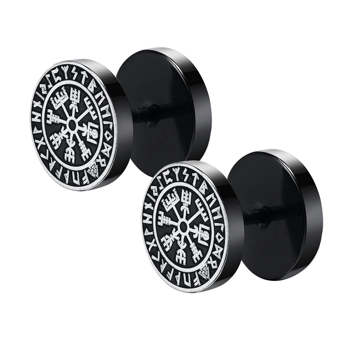 Gothic Norse Viking Runes Stud Earrings for Men Boys Rock Punk Stainless Steel Wolf Head Compass Celtic Knot Black Earrings