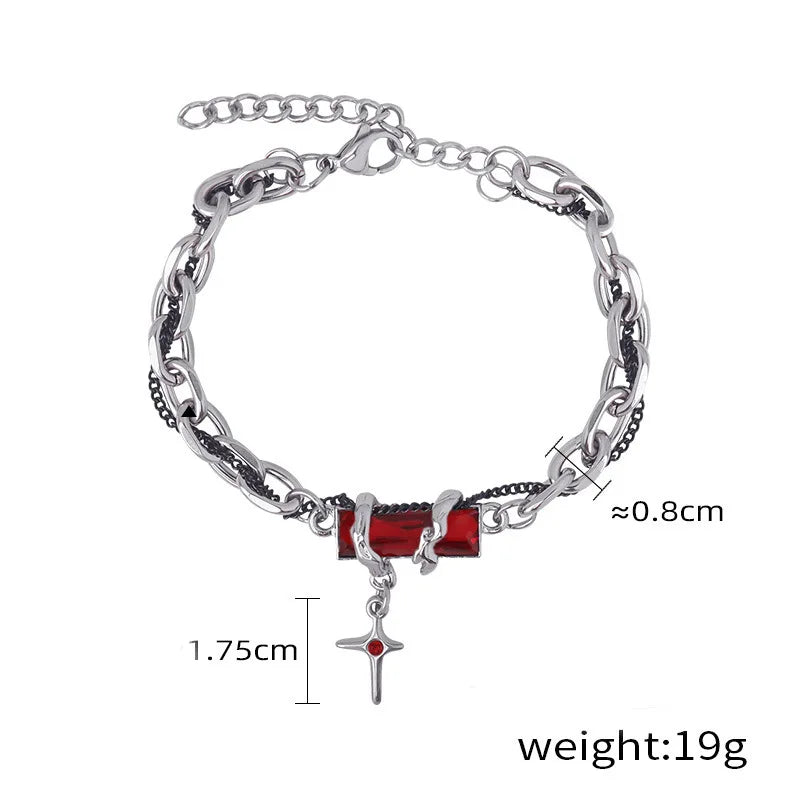 Punk Vintage Red Zircon Star Chain Bracelet For Couple Trend Goth Grunge Y2K Jewellery Charms