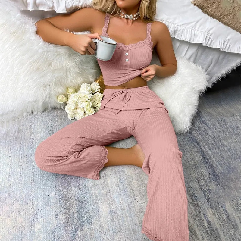 Women's Sexy Pajamas Set Summer Ribbed Sleeveless Top Long Pants Sleepwear 2 Piece Set For Women Home Casual Suspender Suit