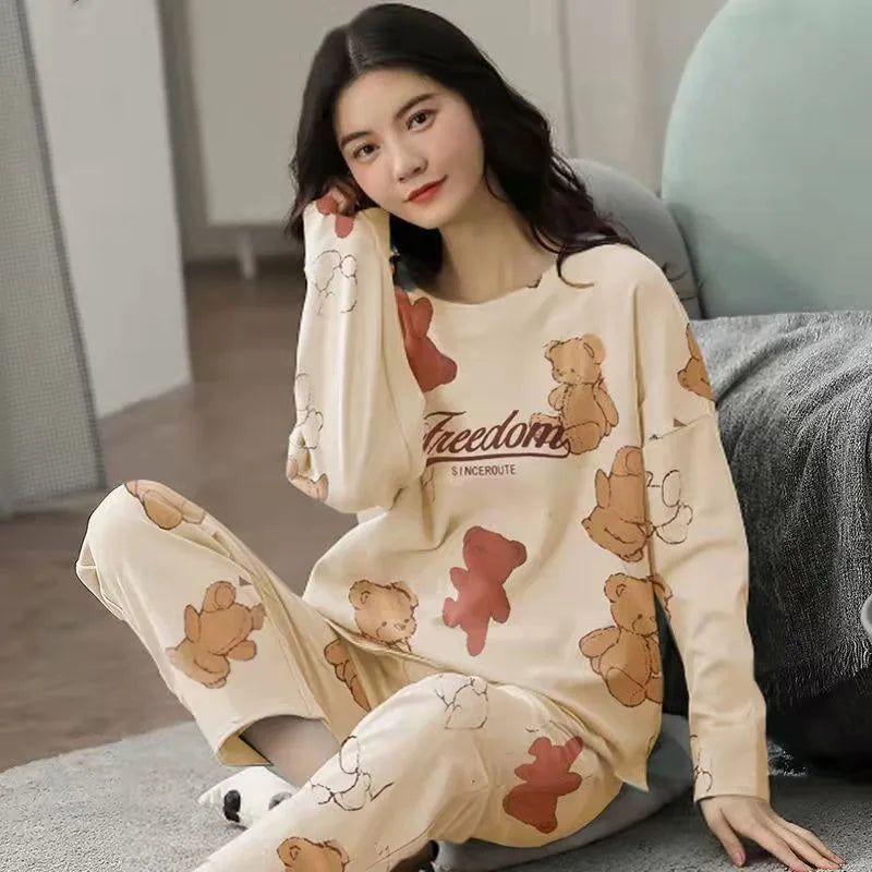 Women's Suit Pajamas Long-Sleeved Long Pants Homewear Two-Piece Set Ladies Cartoon Pattern Sleepwear Loungewear