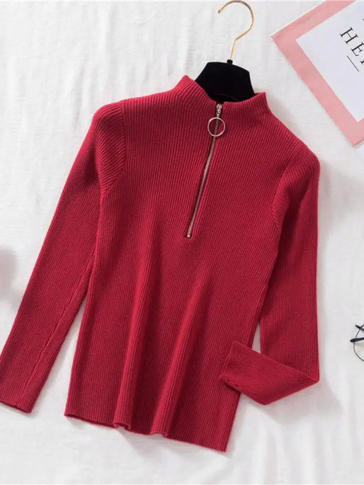 Women Fashion Solid Knitted Sweaters Vintage Long Sleeve Zip-up Basic Half Turtleneck Sweater Female Pullovers Chic Casual Tops