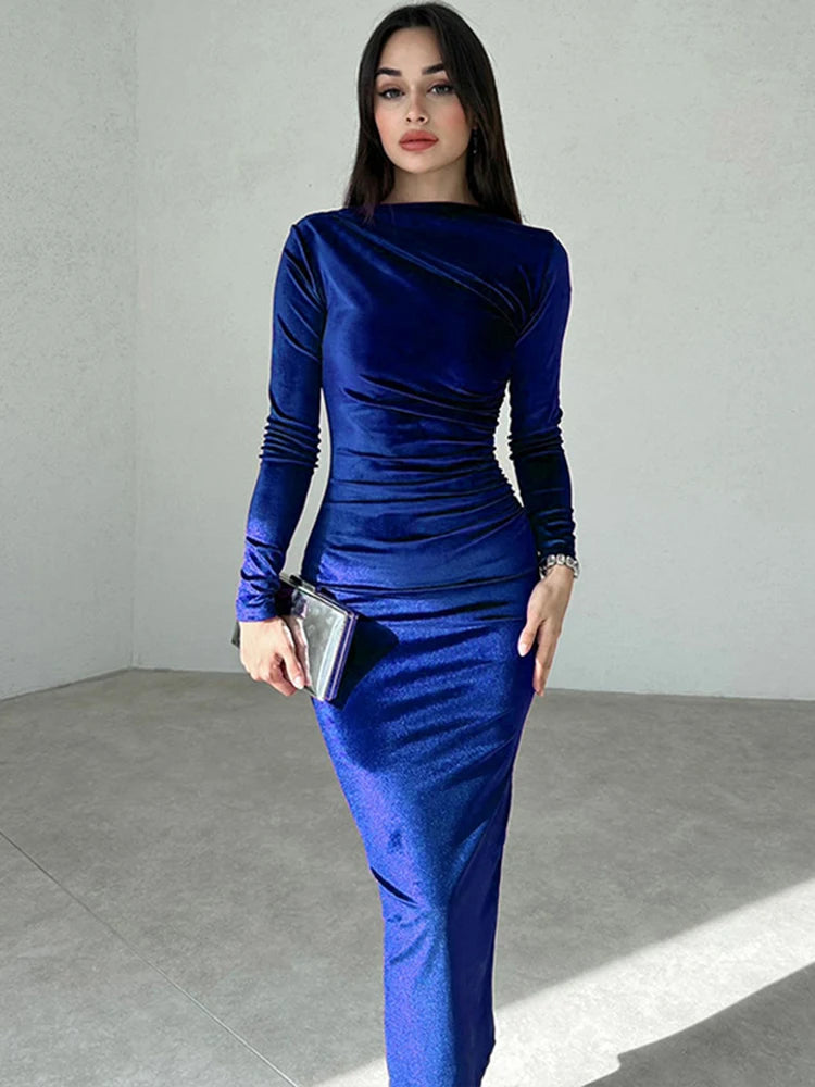 Velvet Long Sleeve Midi Dress For Women Ruched Long Dress Elegant Party Clothes Evening Green Outfits