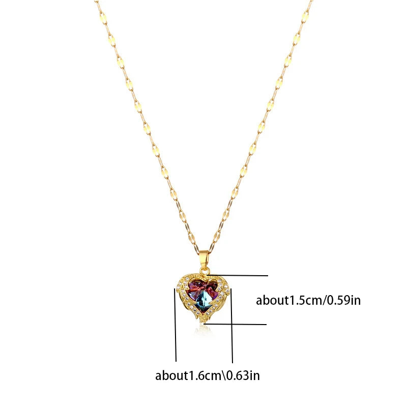 Luxury Colorful Crystal Ocean Heart Pendant Necklace For Women Trendy 316L Stainless Steel Jewellery Female Wedding Neck Chain