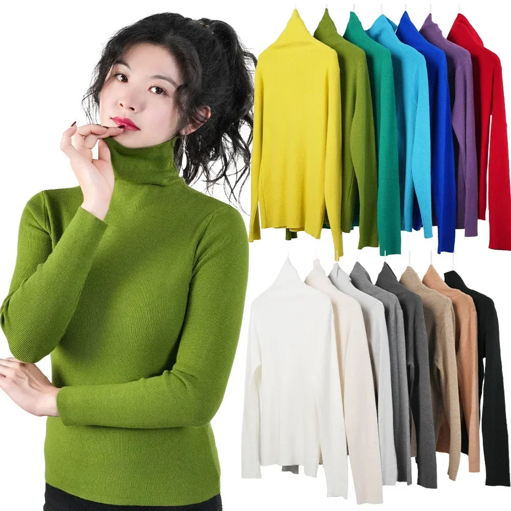 Women Long Sleeve Sweater High Collar Thermal Tops Turtleneck Woman Winter Thin Slim Jumpers Choker Sweaters