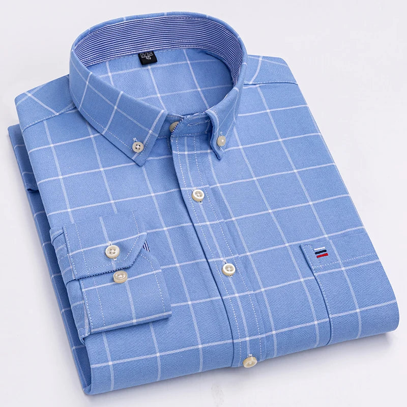 100% Cotton Oxford Men's Shirts Long Sleeves Plaid Soft Regular Fit Formal Dress