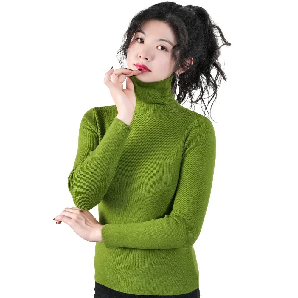 Women Long Sleeve Sweater High Collar Thermal Tops Turtleneck Woman Winter Thin Slim Jumpers Choker Sweaters