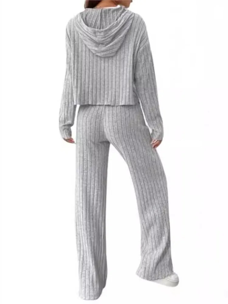 Autumn Winter Knit Long-sleeved Hoodie Loose Pants Two-piece Women's Casual Pit Strap Lace-up Long-sleeved Wide Leg Pant Suits