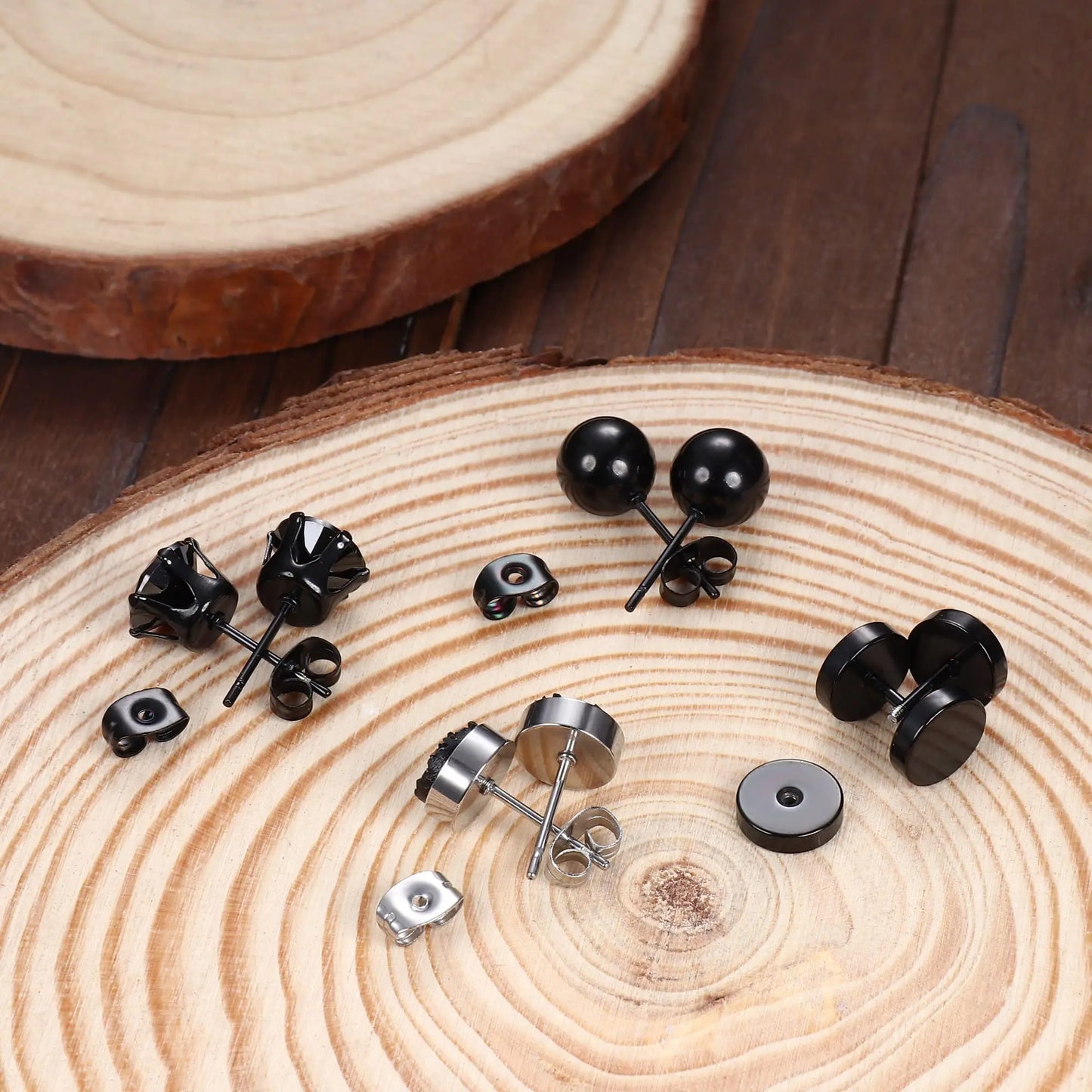 1 Pair Black Earrings for Men and Women Stainless Steel Black Stud Earrings Round CZ Stud Earrings Set 8MM