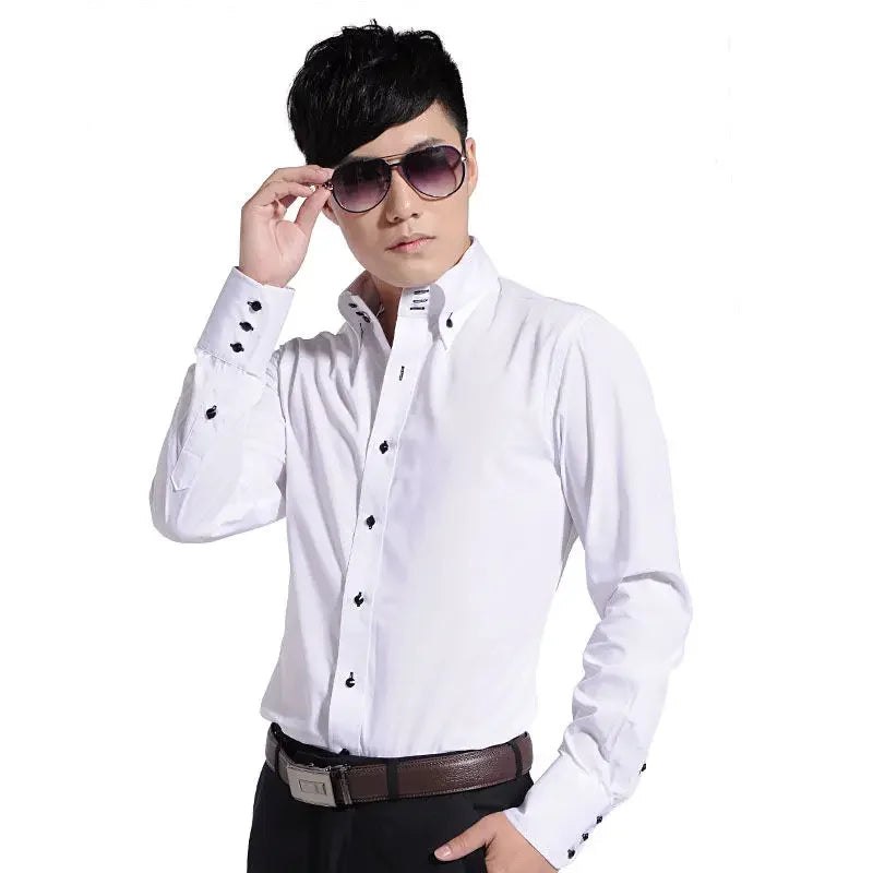 Dress Shirt for Men Button-down Collared Formal Business Long Sleeve Casual Korean Fashion Slim Fit Male Designer Shirts White