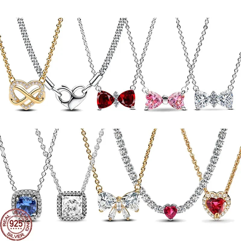 925 Sterling Silver Classic Shiny Heart-shaped Bow Square Necklace Luxury Exquisite Charm Women's Jewellery Surprise Gifts