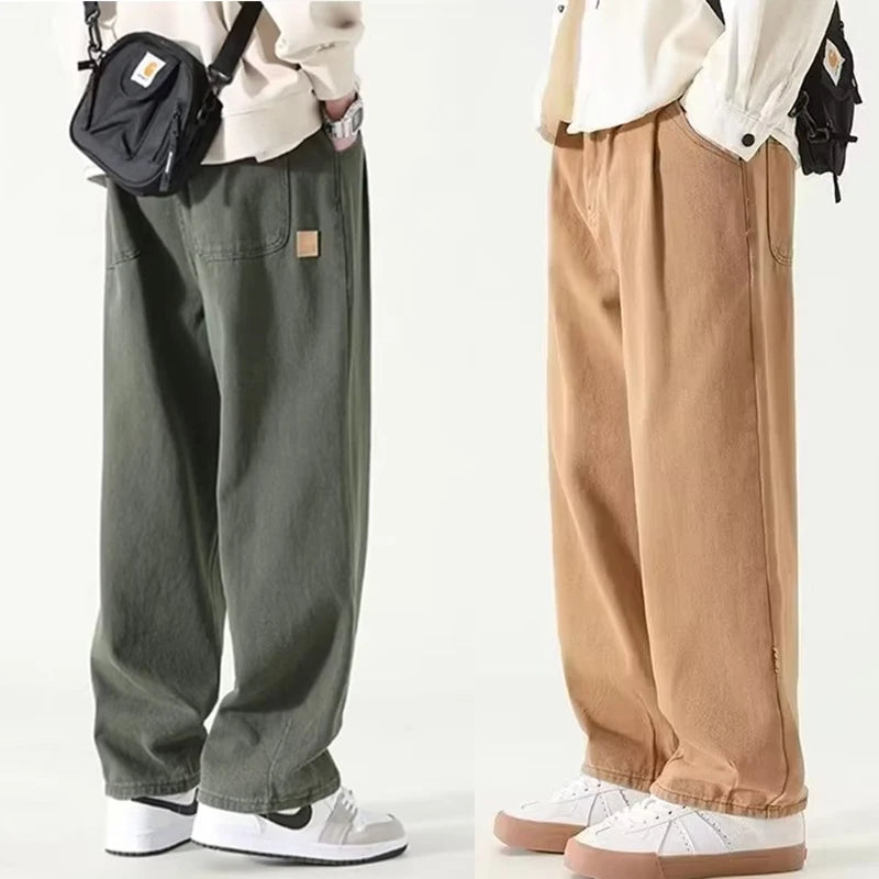 American Fashion Brand Wide Leg Pants Men Green Khaki Joggers Baggy Drawstring Cargo Trousers Men Y2K All-match Pants