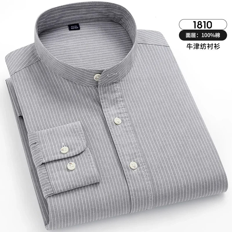 Stand-up Striped Shirt Cotton Long Sleeve Shirt Men Oxford Solid Color Korean Clothes Mens Fashion Male Social Formal Shirts