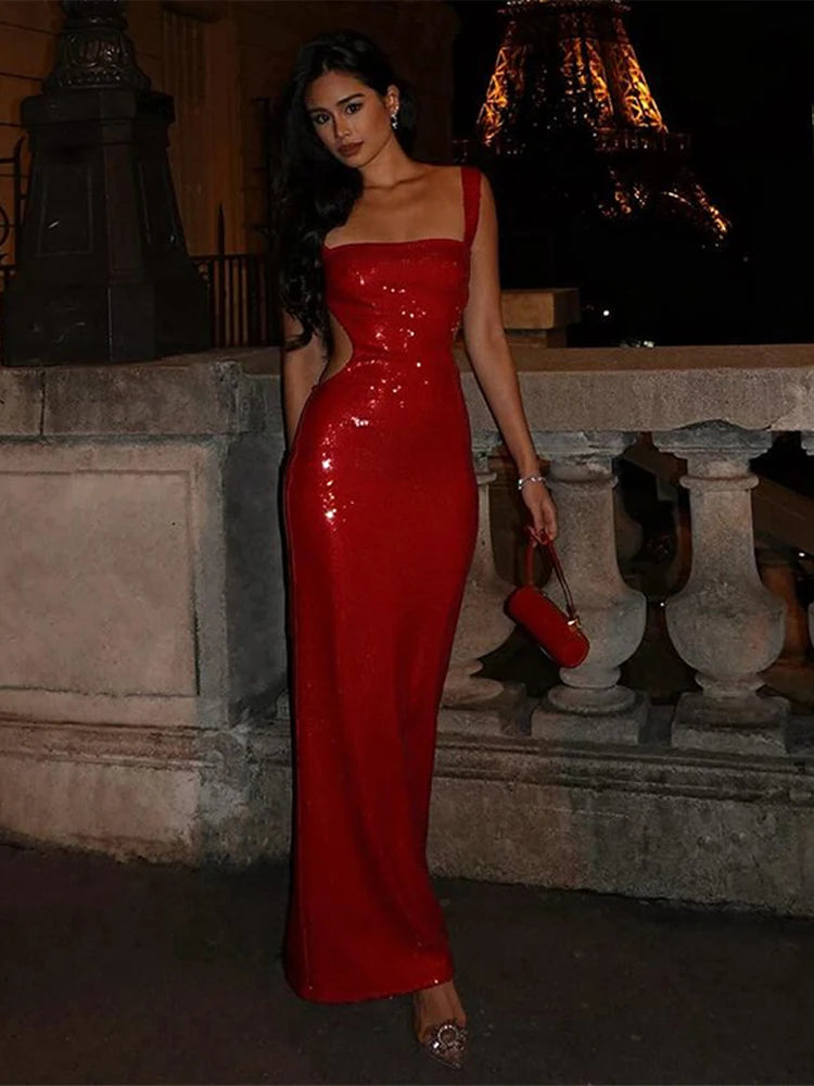 Glitter Sequins Backless Long Dress Women High Waist Strap Cut Out Slim Sleeveless Bodycon Dresses Female Evening Party Robe