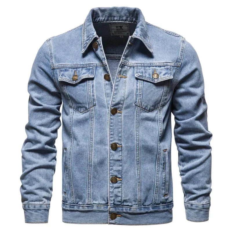 Men's Cotton Lapel Denim Jacket – Casual Solid Color Streetwear, High-Quality Slim Fit Jeans Jacket for Autumn