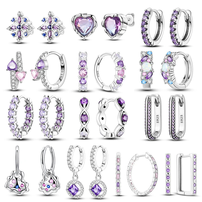 Purple Zircon Hoop Earrings 925 Sterling Silver Original U-shaped Liquid Metal Love Heart Fashion Earrings For Women Jewellery