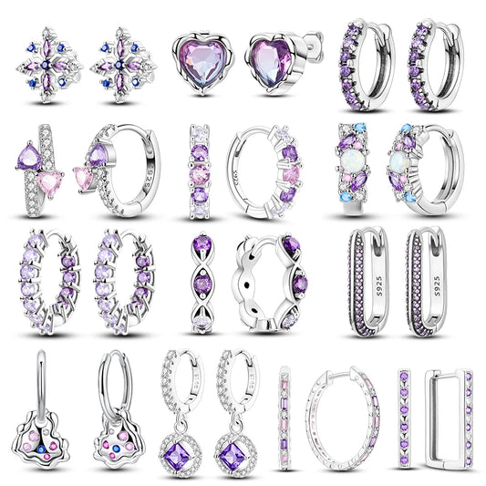 Purple Zircon Hoop Earrings 925 Sterling Silver Original U-shaped Liquid Metal Love Heart Fashion Earrings For Women Jewellery