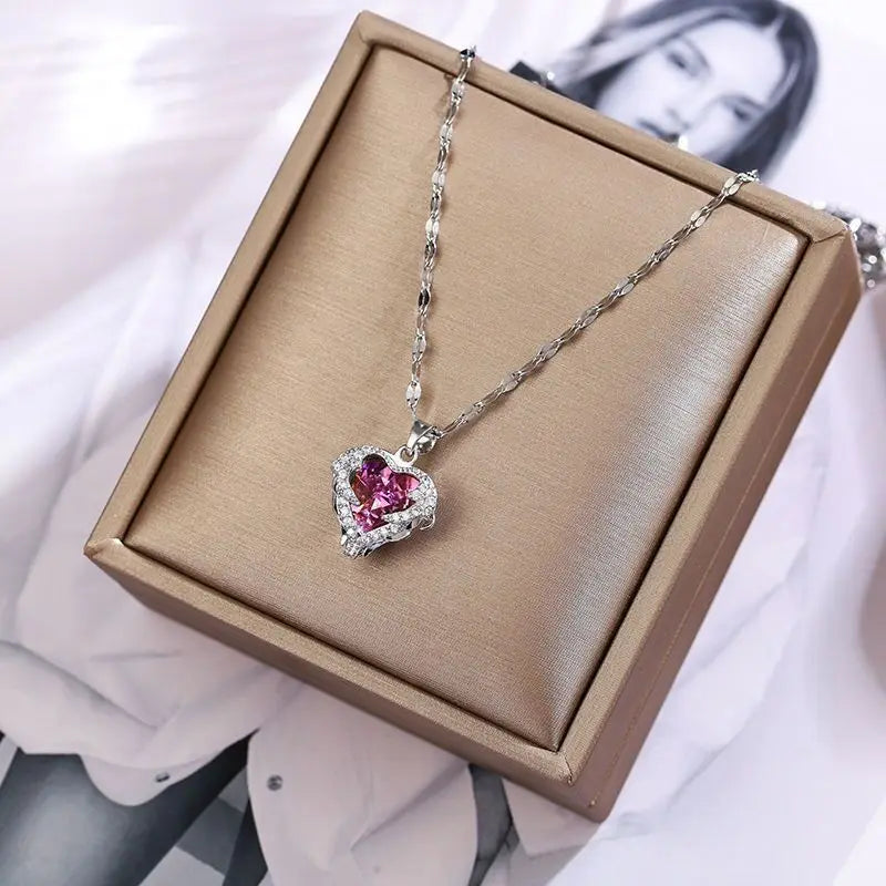 Luxury Colorful Crystal Ocean Heart Pendant Necklace For Women Trendy 316L Stainless Steel Jewellery Female Wedding Neck Chain