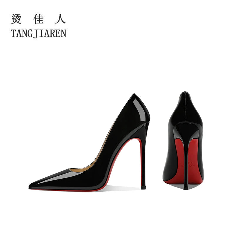 Lacquer leather wine red high heels, women's thin heels, sexy shallow mouth, large size, spring and autumn new pointed toe