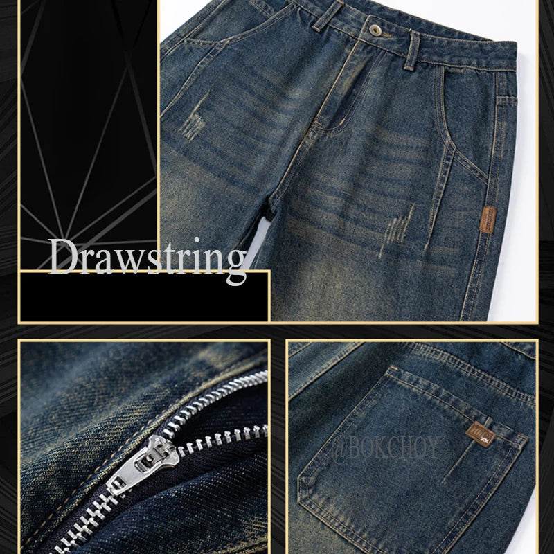 New Casual Drawstring Loose Micro-taper Men's Jeans Solid Color Streetwear Men Trousers