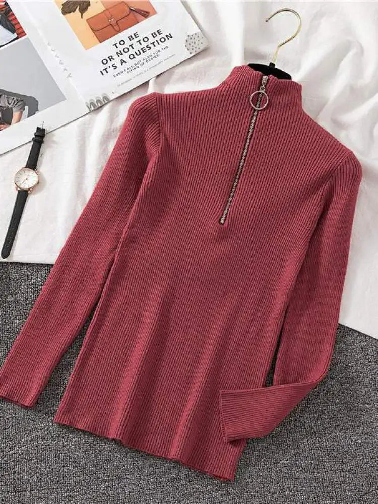 Women Fashion Solid Knitted Sweaters Vintage Long Sleeve Zip-up Basic Half Turtleneck Sweater Female Pullovers Chic Casual Tops