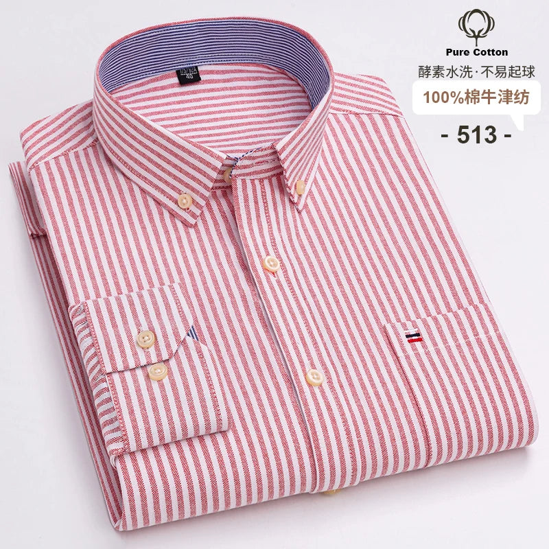 100% Cotton Oxford Men's Shirts Long Sleeves Plaid Soft Regular Fit Formal Dress