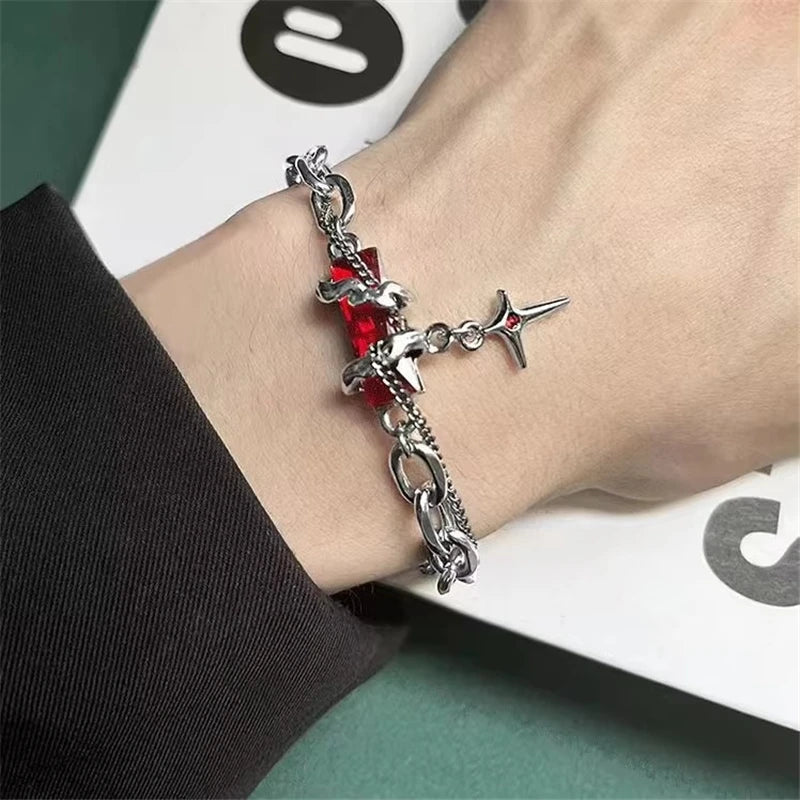 Punk Vintage Red Zircon Star Chain Bracelet For Couple Trend Goth Grunge Y2K Jewellery Charms