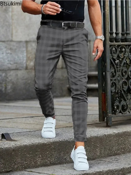 Men's Formal Business Suit Pants Fashion Mid-waist Print Plaid Trousers Spring Autumn Comfortable Elastic Pants for Men