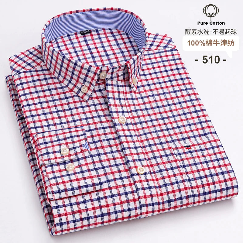 100% Cotton Oxford Men's Shirts Long Sleeves Plaid Soft Regular Fit Formal Dress