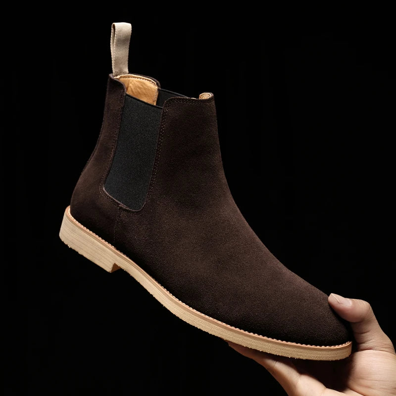 British Style Men's Genuine Suede Leather Chelsea Boots High-top Business Dress Shoes Fashion Warm Winter Men Riding Boots