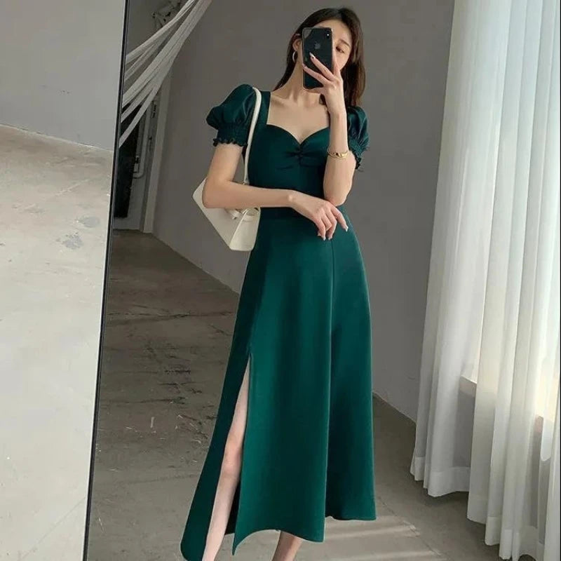 Solid Puff Short-Sleeved Elegant Dress Women Clothing Slim Evening Party Dresses